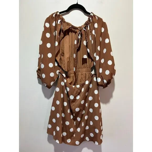 Dee Elly brown polka dot dress size M short cut outs puff sleeve lined - Picture 4 of 9